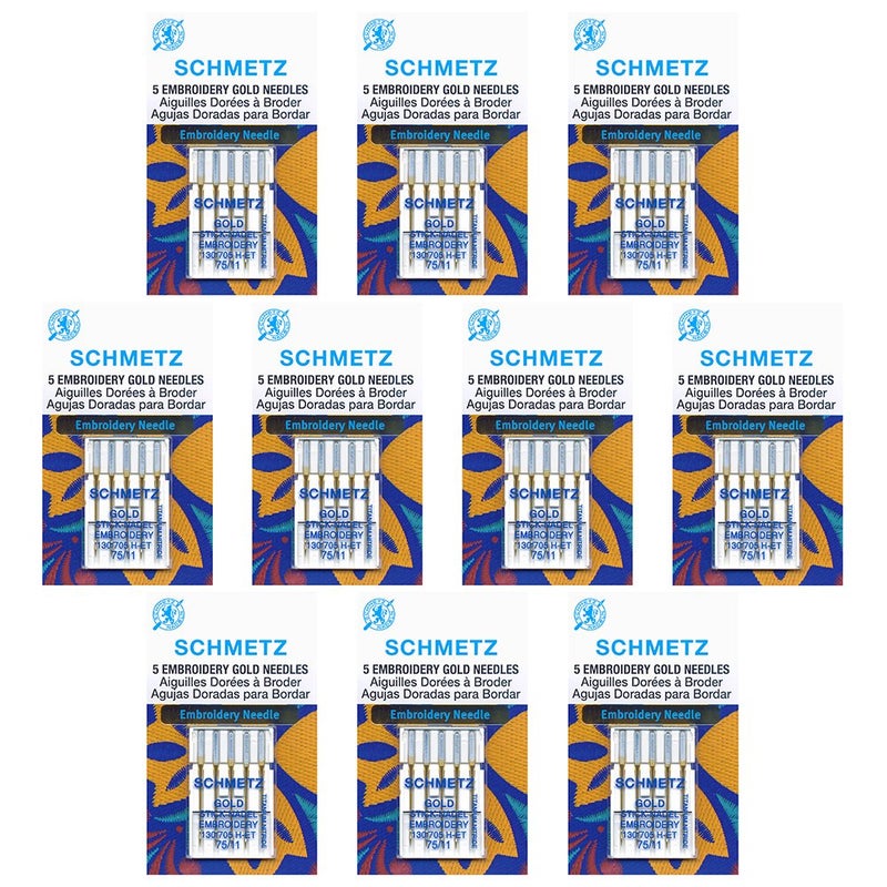 Schmetz إبر خياطة التطريز SCHMETZ الذهبية - مطلية بالتيتانيوم لخيطة سلسة، حجم 75/11، 5 بطاقات إبر، علبة من 10 - Image 1